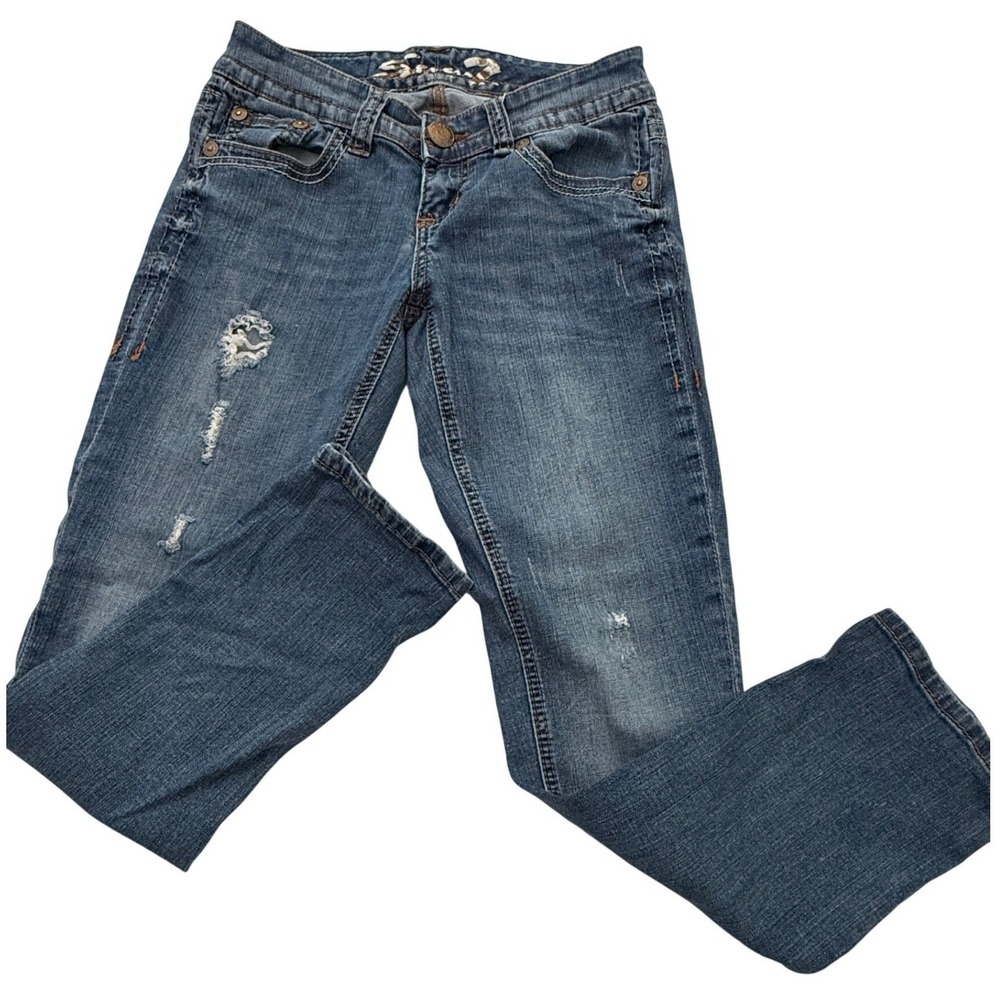 Seven7 Bootcut Jeans Wms 4 Blue Distressed Bling Low Rise Stretch‎ Denim Cowgirl